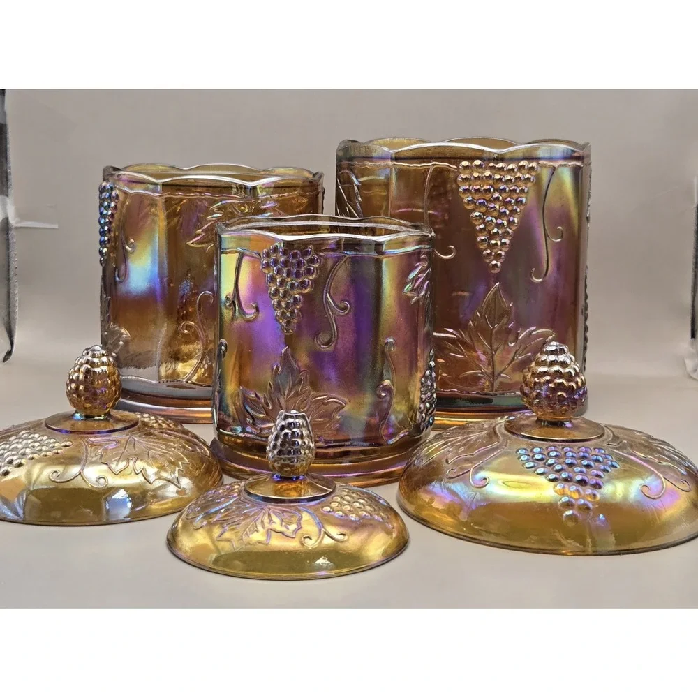 Vintage Carnival Glass Marigold Harvest Grape Canisters BX